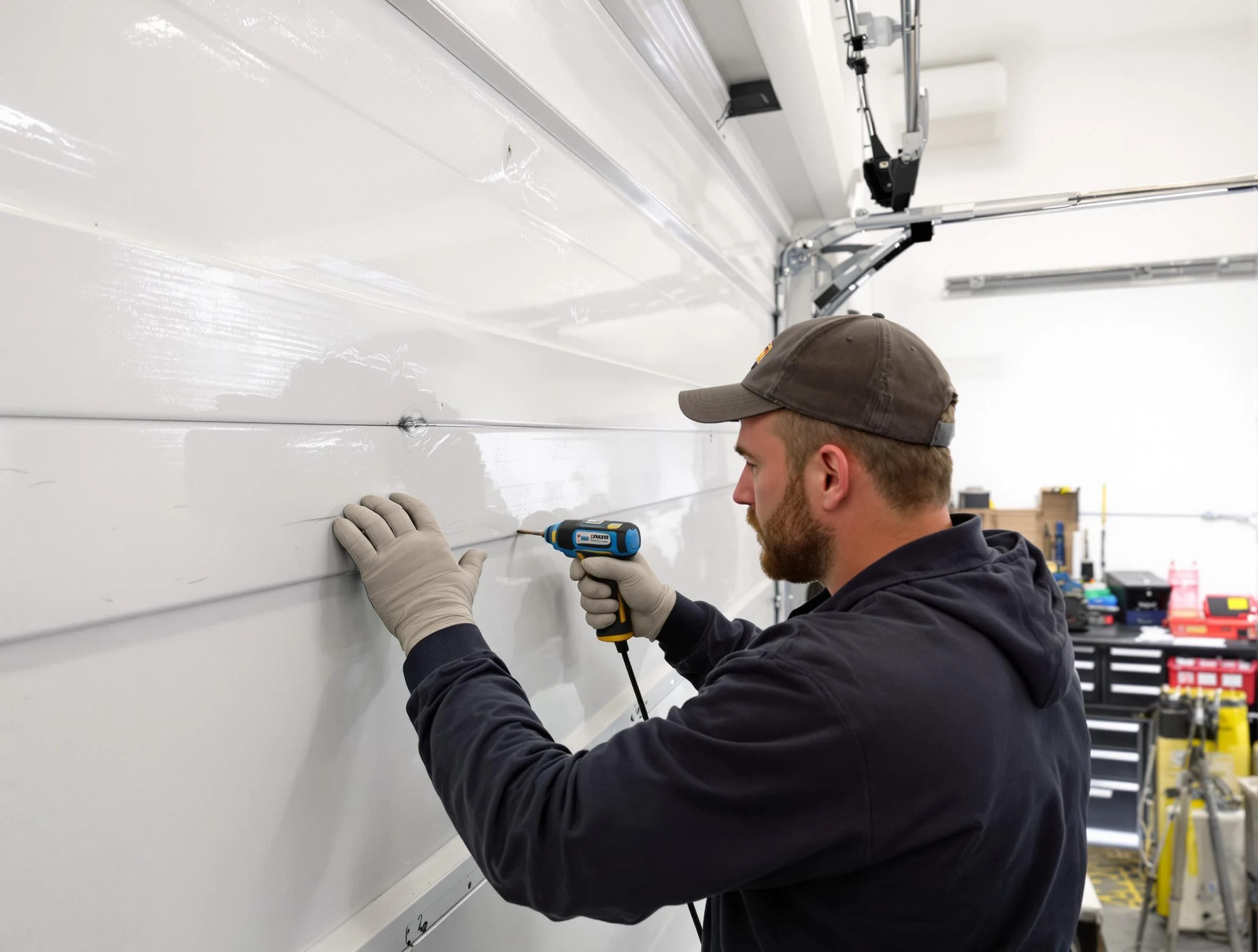 Chartiers Garage Door Repair technician demonstrating precision dent removal techniques on a Chartiers garage door